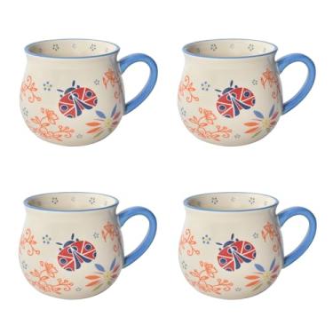 Imagem de Conjunto de canecas de café de cerâmica Temp-Tations de jardim de 10 cm - canecas de café de grés de primavera de 340 g, xícaras de chá brancas coloridas pintadas à mão, xícaras de cappuccino ou latte