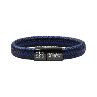Imagem de Vivaday Pulseira masculina de couro trançado personalizável com alerta médico | Pulseiras de identificação gravadas personalizadas | Joias esportivas e de emergência para escalada de montanha YA5551