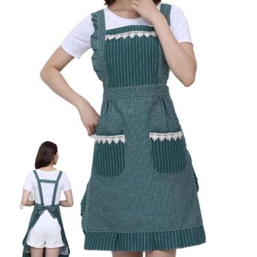 Imagem de Avental feminino avental xadrez longo de 75 cm e verde listrado com decoração de renda, laço traseiro e bolsos frontais aventais de algodão respirável para cozinhar, jardinagem