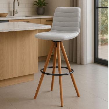 Imagem de Banqueta Giratória com Encosto Estofado e Base em Madeira Castanho – Lucy Exclusiva