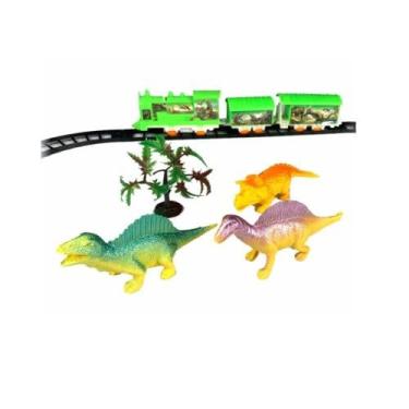 Imagem de Trem Elétrico com Trilho e Dinossauros, Conjunto de Brinquedo com Locomotiva Verde e 3 Dinossauros, WD