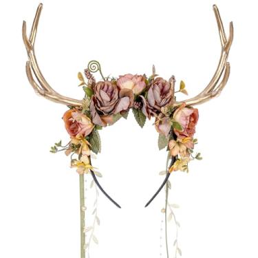 Imagem de MOSTORY Faixa de cabeça com chifres de flores da floresta – Acessório de cabeça de rena de fada com videiras para fantasia renascentista da floresta feminina, tiara floral com chifre de veado para