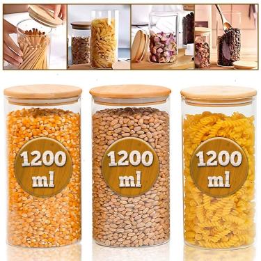 Imagem de Conjunto 3 Potes 1200ml Porta Mantimento Frasco De Vidro Herméticos Tampa de Bambu Natural