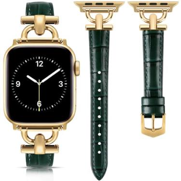 Imagem de Pulseira de couro feminina compatível com Apple Watch séries 11/10/9/8/7/6/5/4/3/2/1/se/Ultra/Ultra 2 (49 mm, 46 mm, 45 mm, 44 mm, 42 mm, verde-escuro/dourado)