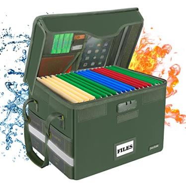 Imagem de Caixa de arquivo à prova de fogo caixa de documentos com trava, caixa organizadora de armazenamento de arquivos DocSafe com inserções e tampa de zíper, caixa de arquivo portátil dobrável para escritório em casa com alça para pasta suspensa, verde