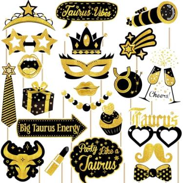 Imagem de SKJIAYEE Kit Com 22 Peças De Acessórios Para Cabine Fotos Aniversário Touro, Conjunto Decoração Festa Grande Energia Em Ouro Preto, Selfie Do Zodíaco Meninos E Meninas, Horóscopo Astrologia