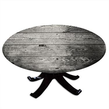 Imagem de ESFVRG Toalha de mesa redonda cinza escura, estilo ombré, tábuas de madeira rústica de carvalho de madeira, imagem de textura áspera, borda elástica, para festas de cozinha de restaurante, adequada