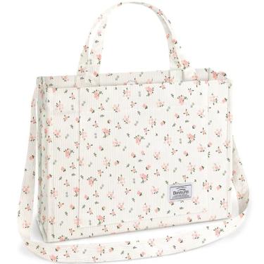 Imagem de Bolsa feminina de veludo cotelê pequena, bolsa tiracolo estética - escola, trabalho, viagem, compras, Flor rosa média-pequena, Medium