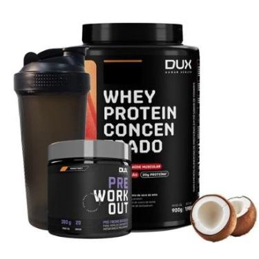 Imagem de Kit Whey Concentrado Dux+Pré Treino Dux + Coqueteleira Fumê-Masculino