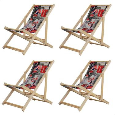 Imagem de Kit 4 Espreguiçadeiras Preguiçosa Dobrável sem Braço Madeira Maciça com Tecido Colorido