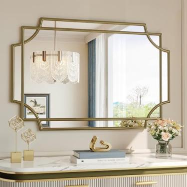 Imagem de Brauthon Espelho decorativo dourado, espelhos de parede de 61 x 91 cm para sala de jantar, sala de estar, quarto, entrada, lareira, espelho geométrico retangular para banheiro