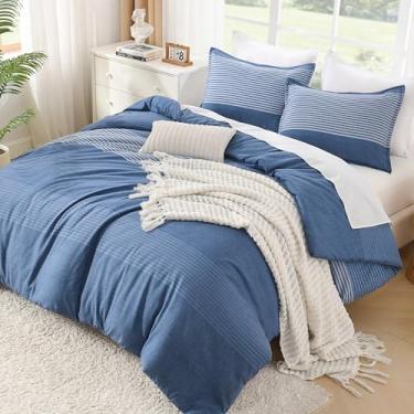 Imagem de Litanika Conjunto de edredom super king, azul safira, leve, azul, branco, colorido, listrado, fofo, 3 peças, conjunto de cama para todas as estações