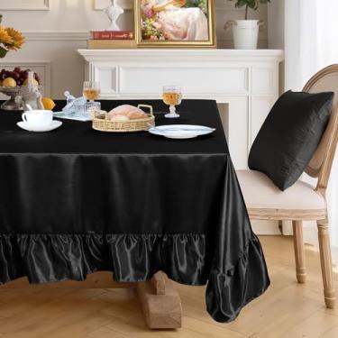 Imagem de Ersmak Toalha de mesa de cetim preto com borda de babados – Toalha de mesa retangular de cetim 152 x 300 cm toalha de mesa de seda brilhante para casamentos, banquetes ou jantares em casa