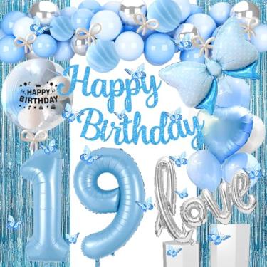 Imagem de Gonngrun Decorações Para Festa De Aniversário 19 Anos Em Azul E Prata Com Faixa Alegre, Balões Amor, Balão Número 19, Guirlanda Borboletas Penduradas, Cortinas Franjas O 91º
