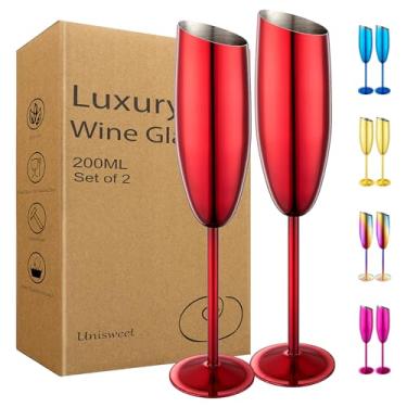 Imagem de UNISWEET Conjunto de 2 taças de champanhe, taças de champanhe de aço inoxidável para casamento e festa de aniversário, taça de champanhe inquebrável de boca inclinada de 200 ml com haste longa