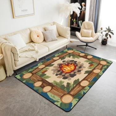 Imagem de Erosebridal Tapete de área com tema de acampamento, 1,78 m x 1,8 m, tapete decorativo vintage de madeira para crianças, folhas de plantas, laváveis, tapete interno