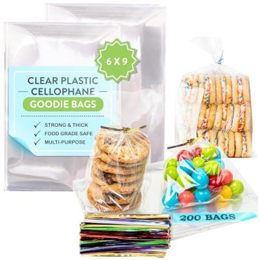 Imagem de 200 peças 3x4 sacos de guloseimas planas transparentes para celofane/celofane para embrulho de presente, padaria, biscoitos, doces, sobremesa, embalagem de lembrancinhas de festa, com laços coloridos