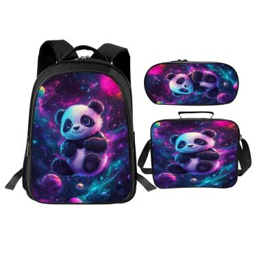 Imagem de Conjunto de mochilas escolares Trimety Panda com lancheira e estojo de lápis