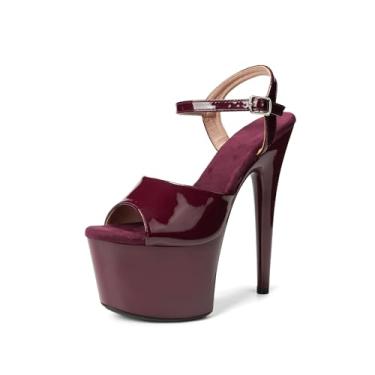 Imagem de WUXIN H&P Sandália feminina plataforma de 18 cm com tira no tornozelo - Sapatos de salto alto sexy para dançarinos exóticos - Stiletto de 17 cm, Vinho tinto, 40