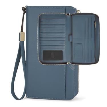 Imagem de Sunpour Carteira de viagem grande para mulheres, carteira com zíper RFID com compartimento para AirTag, bolsa de mão para passaporte com alça de pulso, Azul, 8.3 x 4.5 x 1.2 inches