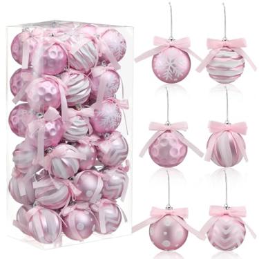 Imagem de Soulchen Conjunto de 36 peças de enfeites de bola de Natal rosa e branco com laços, enfeites de árvore de Natal de 6 cm, decoração de pendurar para árvore para presente de árvore, guirlanda de