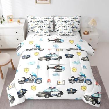 Imagem de Jogo de cama de casal com 7 peças, carro de polícia, helicóptero de polícia, avião, motocicleta, avião, edredom e lençol, veículo policial, vermelho, azul, decoração de quarto