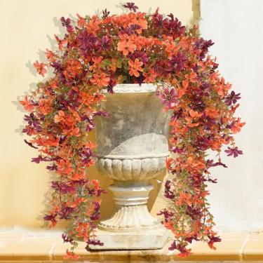 Imagem de Lotus Hills Flores artificiais para pendurar no outono, 4 peças de mães falsas para plantadores ao ar livre, decoração de varanda de outono com toque real, mães falsas do pôr do sol para quintal