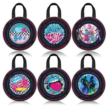 Imagem de Sweetude 24 peças de lembrancinhas de festa rock dos anos 1950, discos de vinil, não tecidos, reutilizáveis, doces, guloseimas, sacolas com alças para música rock and roll dos anos 1950, artigos de