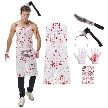Imagem de QSLWcos Bloody Butcher Costume 5PCS Halloween Chef Apron Set with Hatchet Headband Scar Stickers Machete for Adults Cosplay