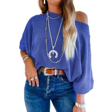 Imagem de Blusa EVALESS, manga 3/4, gola redonda, um ombro, azul escuro, feminin