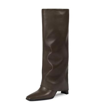 Imagem de wetkiss Botas de cano alto femininas dobráveis, bico quadrado, salto grosso com meio zíper, vestido longo na altura do joelho, botas altas para mulheres, moda, festa, casamento, dia a dia, Botas Hot