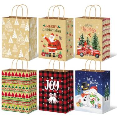 Imagem de JUESMOS Pacote com 24 sacos de presente de Natal Kraft com alças sacos de papel médios de 25,4 cm para embrulho de presente, sacolas de presente para lembrancinhas de festa de Natal e suprimentos de