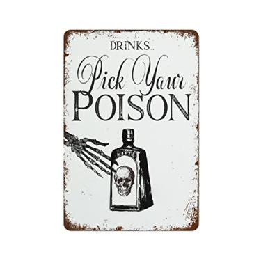 Imagem de NAMEY Sinal de Halloween, placa de bar de bebida, escolha seu veneno, decoração de Halloween, decoração de Halloween, sinal de casamento, sinal de lata de metal retrô de poção placa vintage para decoração de parede de café em casa 30 x 20 centímetros