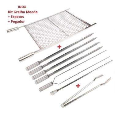 Imagem de Kit Grelha Inox 70x50 E 6 Espetos E Pegador Carnes Churrasco - INOX LA