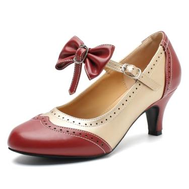 Imagem de LIURUIJIA Sapato social feminino de salto baixo Mary Jane Oxfords confortável com tira no tornozelo com laço, Borgonha e ouro, 39