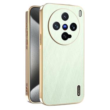 Imagem de Yarxiawin Capa de telefone para Vivo X200 Ultra à prova de choque, textura de fio dourado para Vivo X200 Ultra, capa de silicone fina galvanizada preta de couro anti-impressão digital (verde)