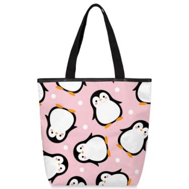 Imagem de TKBXAEG Bolsa de lona para mulheres e homens, pinguins de desenho animado rosa, bolsa de ombro com fecho de zíper, reutilizável, bolsa de pano de compras com alças para praia, academia, piquenique