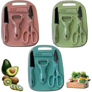 Imagem de Kit Utensílios de Cozinha 4 Peças – Faca, Tesoura, Descascador e Tábua de Corte em Aço Inoxidável Antibacteriana em Cores Sortidas