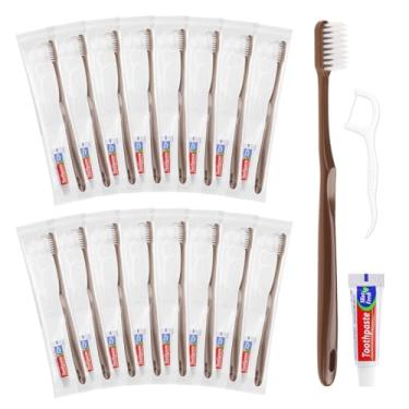 Imagem de LLHQAMT Escovas de dentes descartáveis com pasta de dente, kit de escova de dentes para viagem, embalado individualmente, marrom, com palhetas de fio dental, adequado para hotel, casa, acampamento