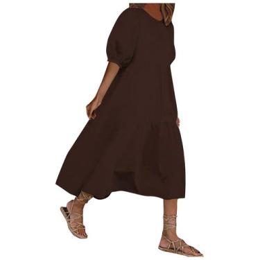 Imagem de Moda Feminina Solta Cor Sólida O-neck Puff Sleeve Vestido Casual de Ma