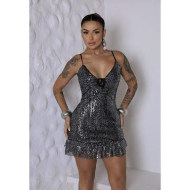 Imagem de Vestido Brilho Curto em Paetê com Babadinho - luh may, Prata, M