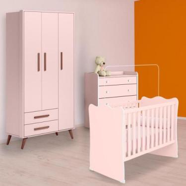 Imagem de Infantil Berço, Cômoda Trocador e Guarda Roupa Retrô Rosa - Qmovi