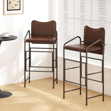 Imagem de GILLAS Conjunto de 2 bancos de bar com encosto e apoio de braço, bancos de couro de poliuretano de 92 cm com altura de bancada, cadeiras de bar industriais para ilha de cozinha, bar doméstico, marrom