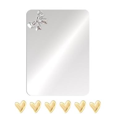 Imagem de Espelho magnético de armário 10 x 15 cm com ímãs de coração, suporte magnético sem moldura de vidro real pequeno para armário escolar, design de laço, espelho de maquiagem para meninas, banheiro