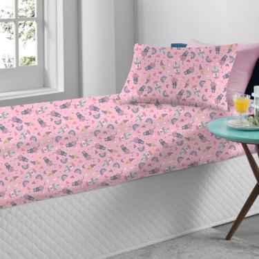 Imagem de Jogo de Cama Solteiro Infantil Arco Iris Coração Rosa Menina Oficial – Anti Alergico Lençol c/Elástico – Malha 70% Algodão 30% Poliéster Premium