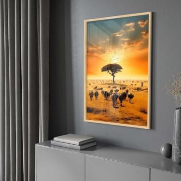 Imagem de Quadro Decorativo com Moldura e Acrilico Cristal Vidro Paisagem Africana Savana Por do Sol Sala Quarto Hall