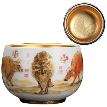 Imagem de Xícara de chá Gongfu xícara de chá sebo jade dourado tigela de chá, xícara mestre de casa com estampa animal, grande capacidade 167 g, caixa de presente (cor: gado, tamanho: 167 g)