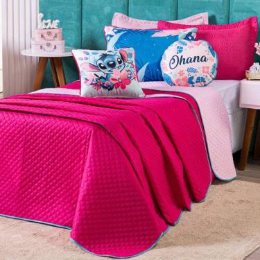 Imagem de Kit Cobre Leito Stich Pink/Rosa Dupla Face com Almofadas QUEEN 07 Peça
