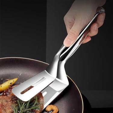 Imagem de 1 pinça de cozinha de aço inoxidável - espátula dupla face ideal para churrasco, grelhar e cozinhar em casa - perfeita para bife, pão, hambúrguer, pizza, tortas e peixes