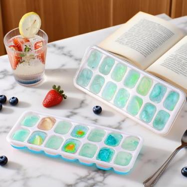 Imagem de Bandejas de cubos de gelo, 14 células, forma de cubos de gelo de silicone com tampa removível resistente a derramamentos (azul, 2 peças)